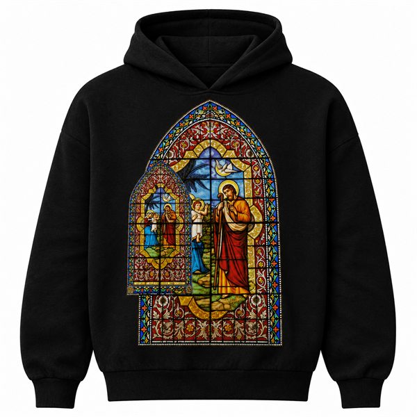 Black hoodie, front: stained-glass window artwork.