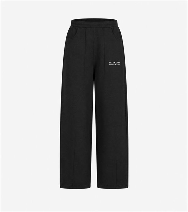 Black long pants, front: small ACT OF GOD TREMENDUM mark at the thigh.