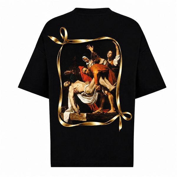 Black T-shirt, back: a painted scene inside an irregular gold ribbon frame.