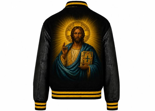 Varsity jacket with gold striped ribbing, back: religious artwork across the back panel.